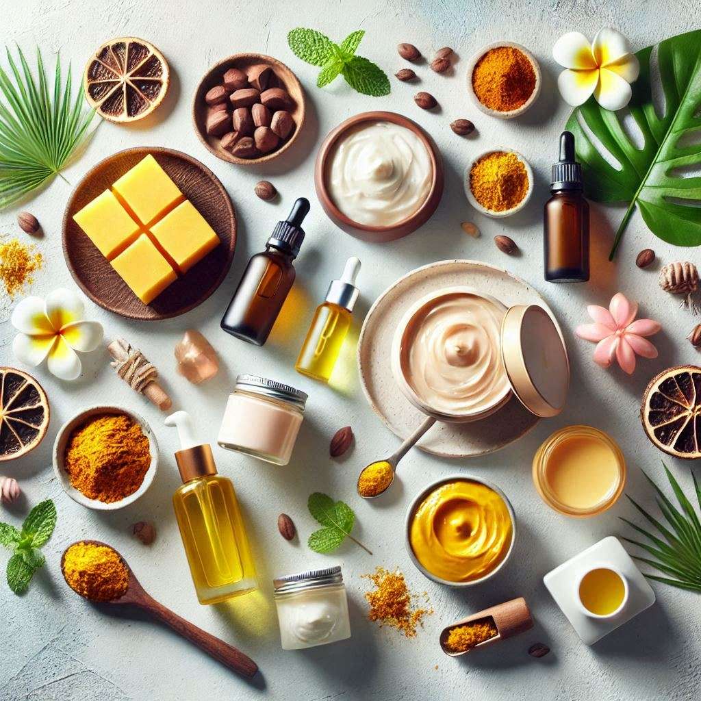 Natural skincare products for glowing skin in Kenya, featuring body butters, serums, and key ingredients like cocoa butter, turmeric, and mint.