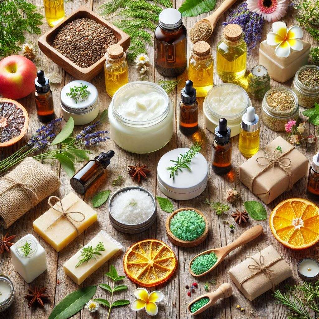 Flat lay of organic skincare products in Kenya, including body butters, essential oils, and soaps, surrounded by herbs and fruits on a wooden surface.