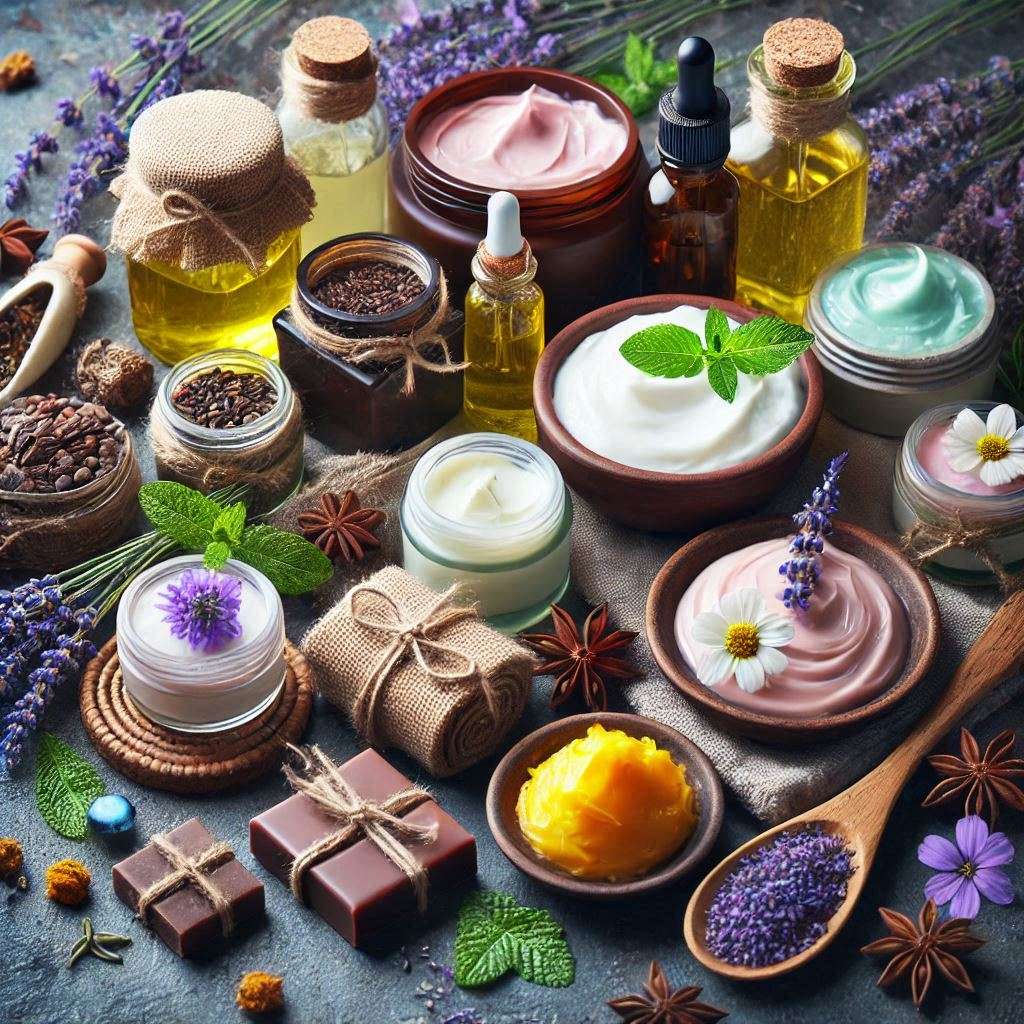 Assortment of all-natural skincare products for women, including organic oils, creams, and body butters made with lavender, turmeric, mint, and cocoa.